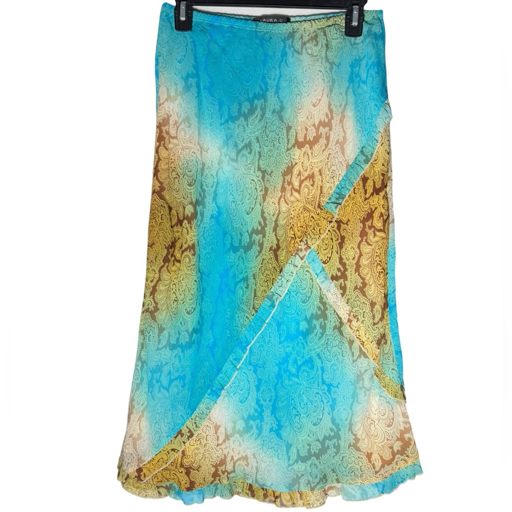 VTG Laura G Ocean Blue Tan Paisley Floral Skirt Womens size Large Coastal Summer